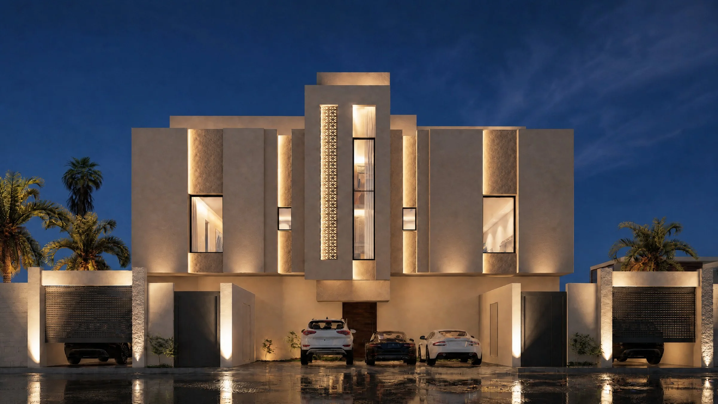 عمارة سكنية في حي طيبة مضاءة ليلاً، من مشاريع أسس الإعمار