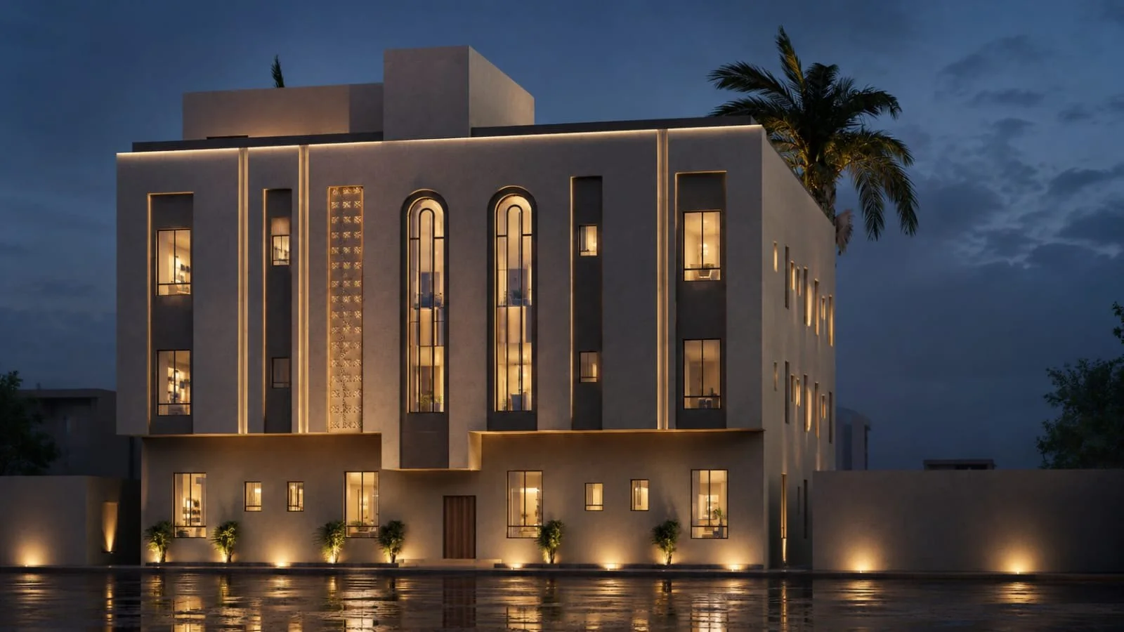 عمارة سكنية، حي الأثير — الواجهة ليلاً