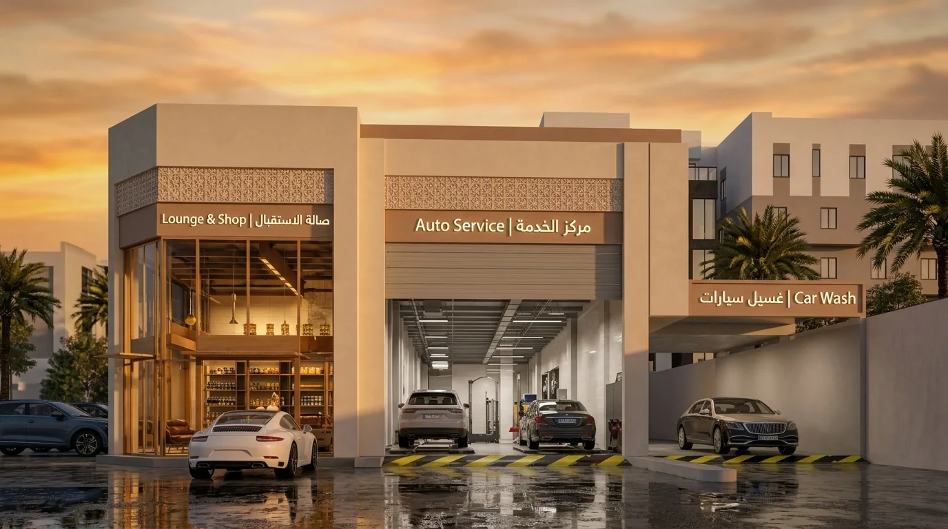 مركز خدمات سيارات، حي النور — منظور من الشارع