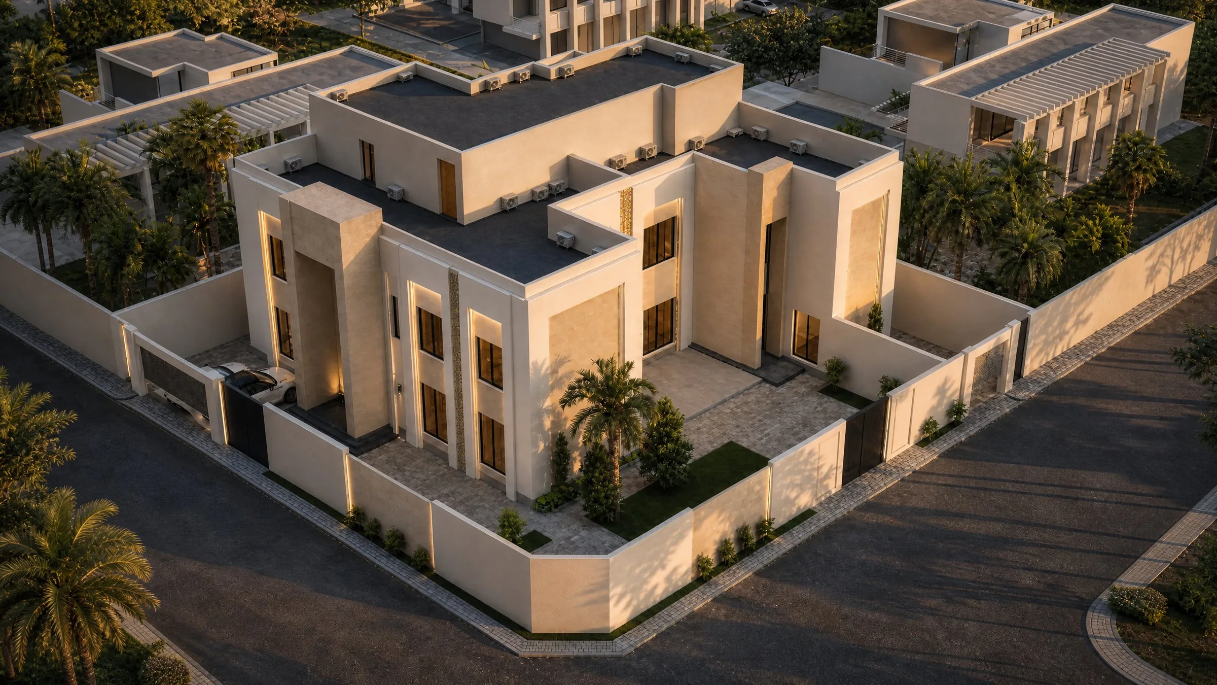 فيلا سكنية، حي الفيصلية — منظور جوي عند الغروب
