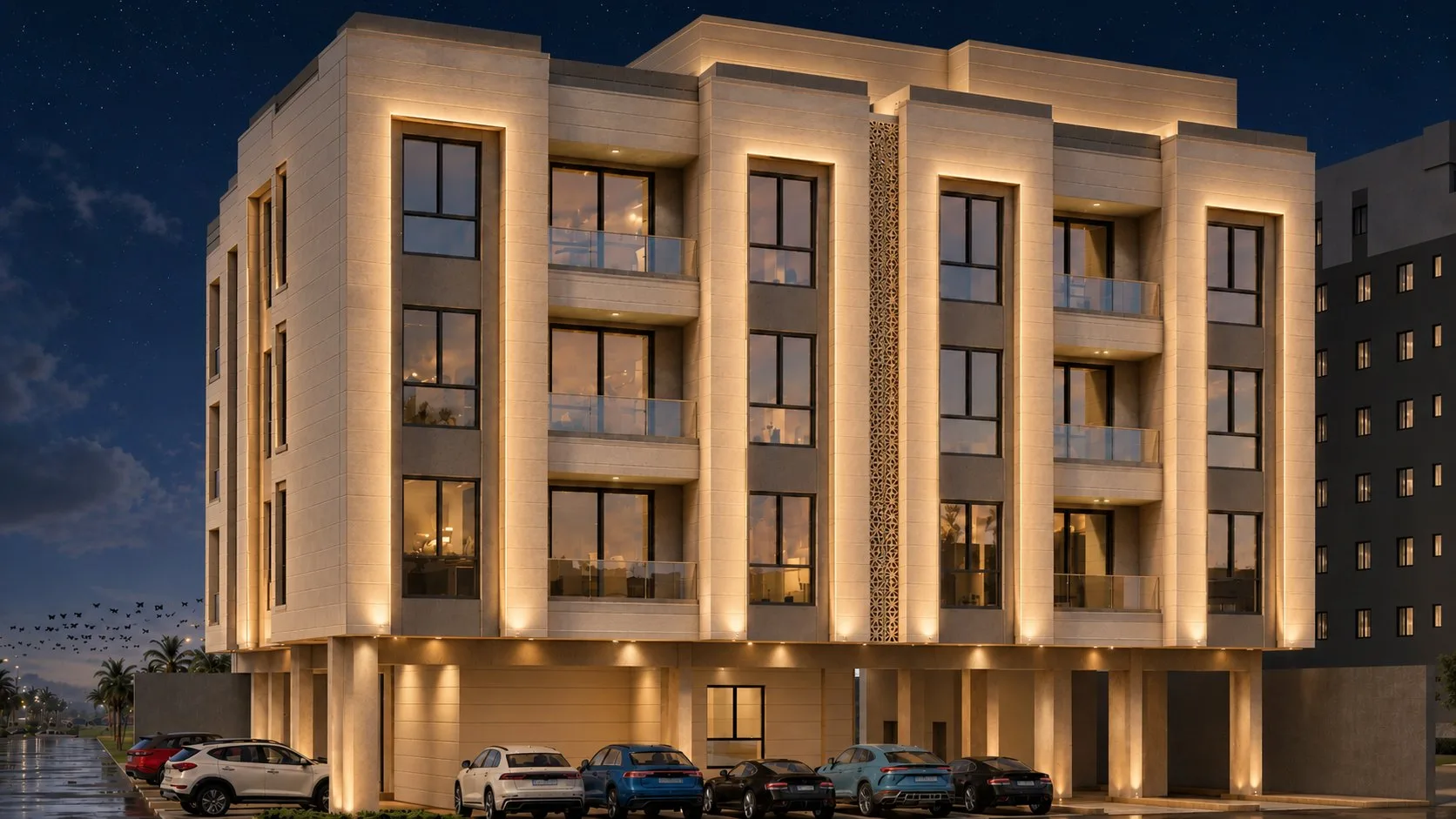 عمارة سكنية، حي هجر 2 — منظور مسائي